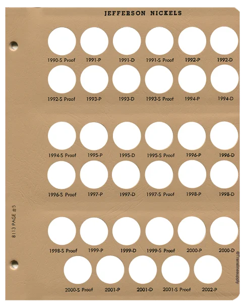 Jefferson Nickels with proof Replacement Page 5 1990-S Pr. to 2002-P