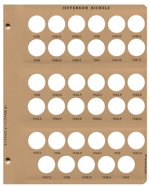 Jefferson Nickels with proof Replacement Page 1 1938-P - 1949-P
