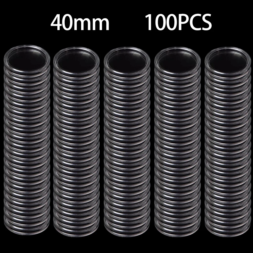Clear 40 mm coin capsules — 100 pack — representative supplier photograph