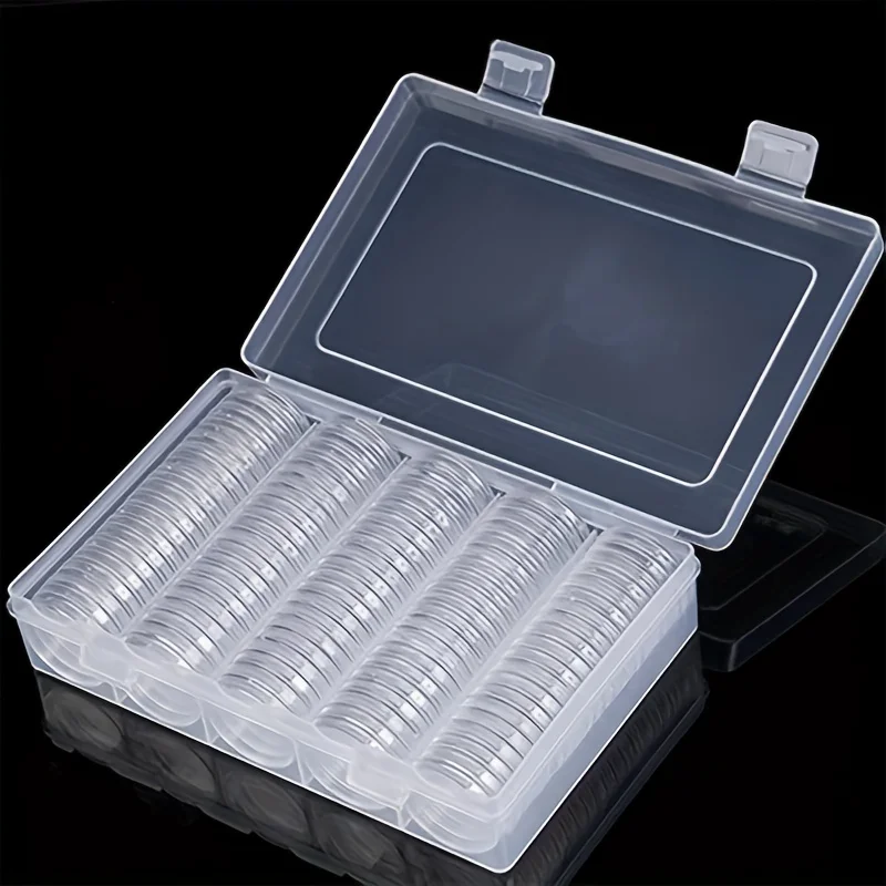 Clear 27 mm coin capsules — 100 pack — representative supplier photograph