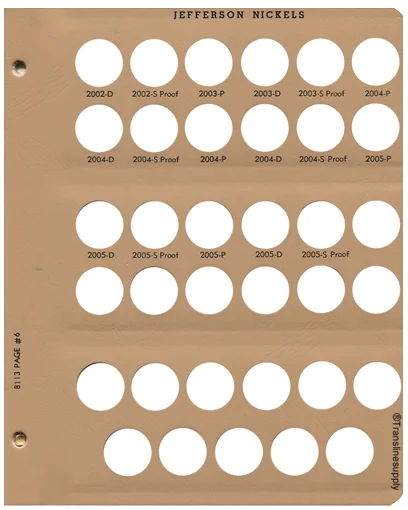 Jefferson Nickels with Proof Replacement Page 6 2002-D to 2005-S Pr.