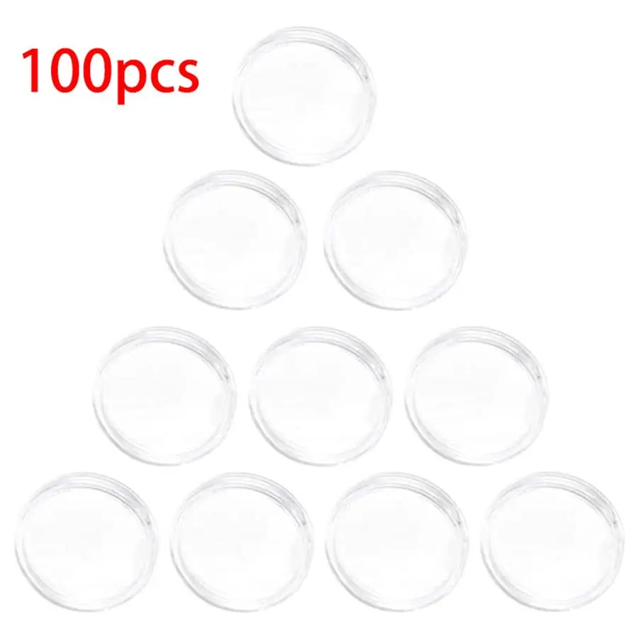 Clear 25 mm coin capsules — 100 pack — representative supplier photograph